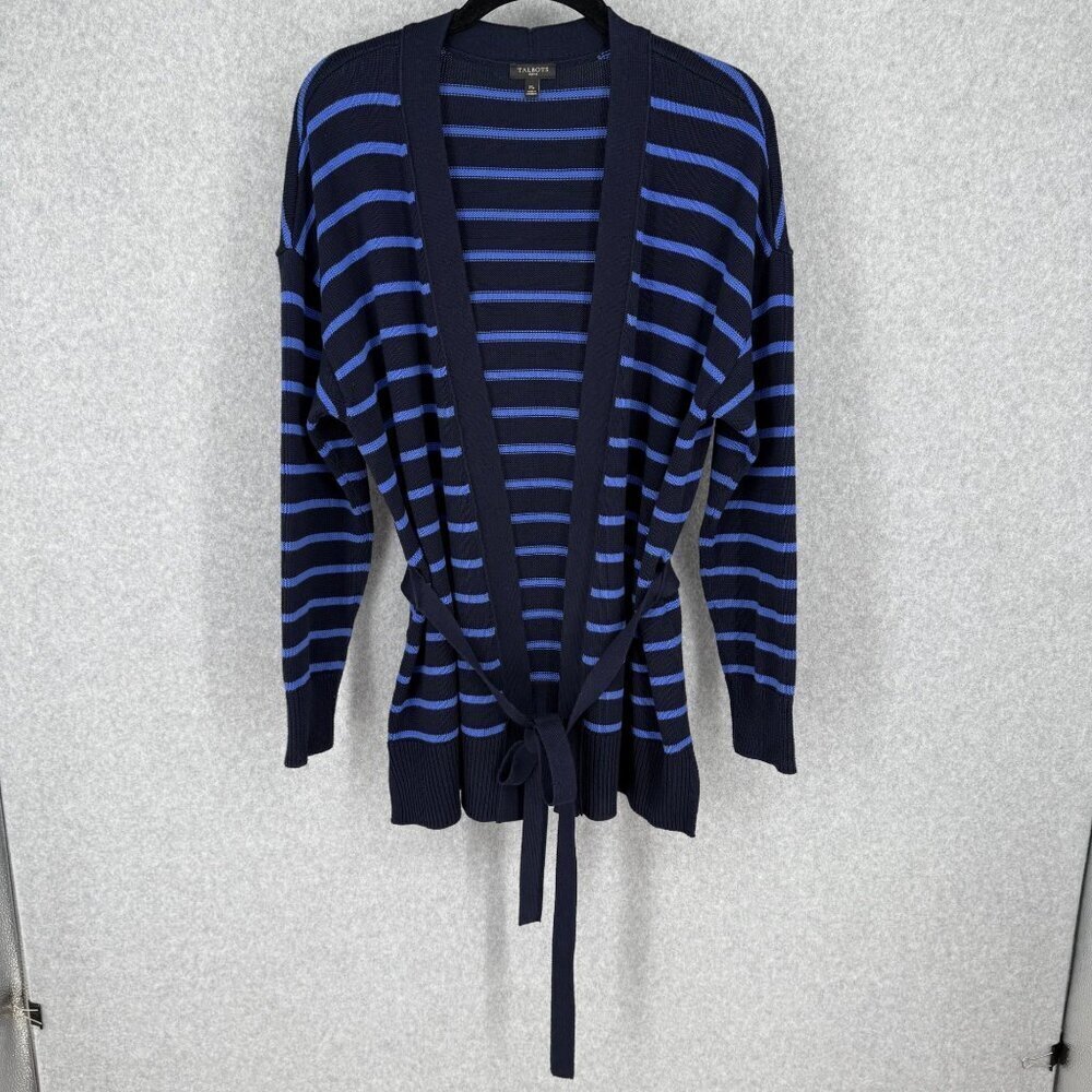 Talbots Womens Stripe Belted Cardigan Size M Petite Navy Blue Knit Classic Tie